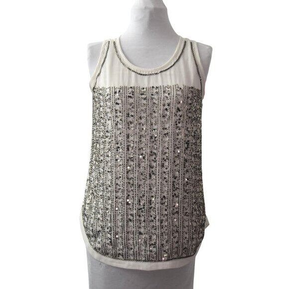 Olive & Oak Beaded Sequin Tank Top Blouse Womens XS White Chiffon Silver Sequin - Picture 1 of 6